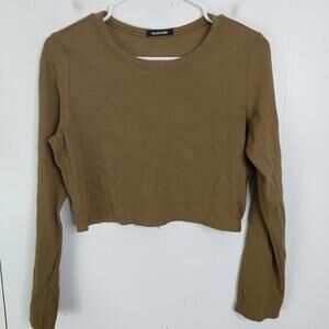 Talentless Top Womens XL Long Sleeve Cropped Ribbed Brown Sepia Crewneck Casual